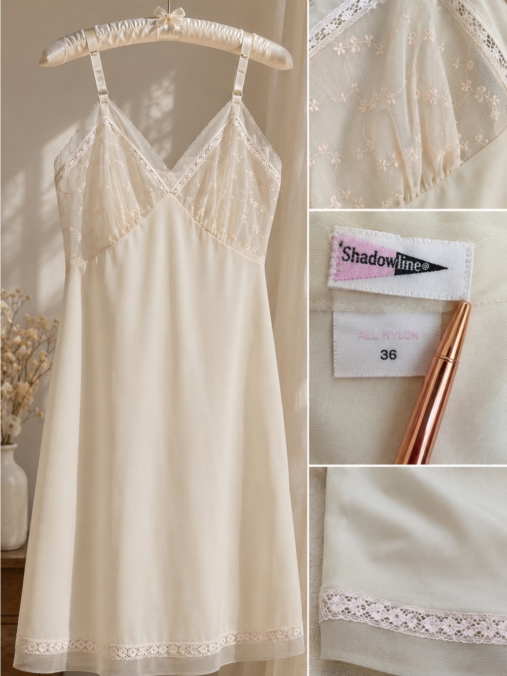 Vintage Shadowline Ivory Nylon Full Slip 36 Embroidered Lace Lingerie
